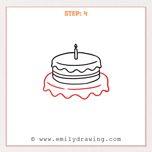 how to draw a cartoon cake - A cartoon cake sits on a wavy-edged plate with an inner rim line.